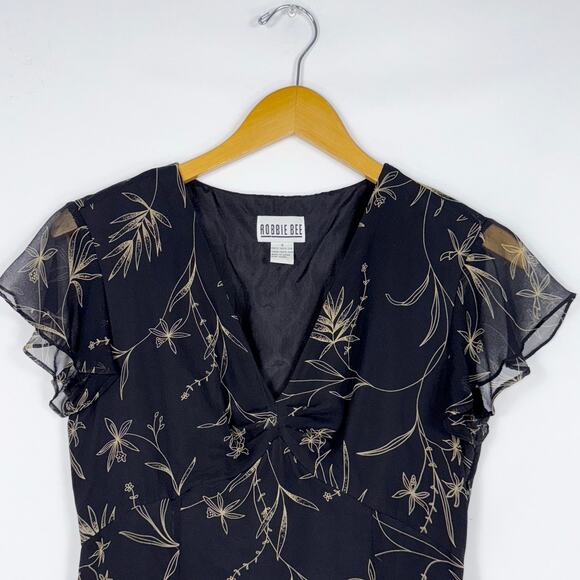 Robbie Lee Women's Vintage 90s Whimsy Floral Silk Mini Dress Size 6 Black - Picture 4 of 15
